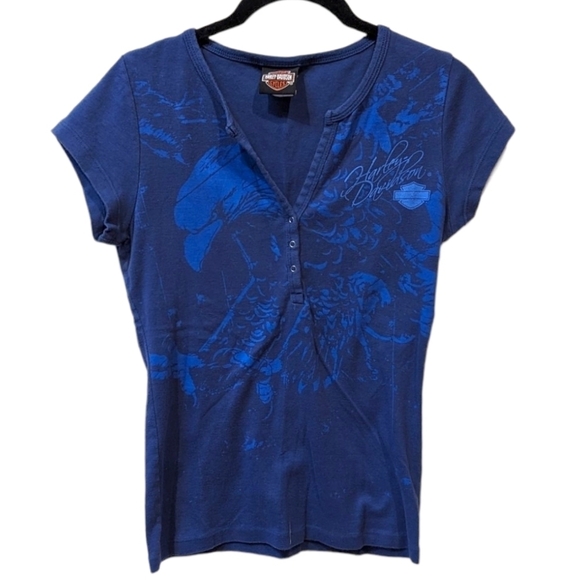 HARLEY Davidson Cap Sleeve Blue Graphic Women's Henley (M) - Picture 1 of 4